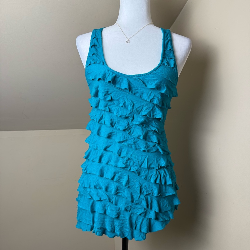 Teal Ruffle Tank Top CrissCross Back Size Small‎